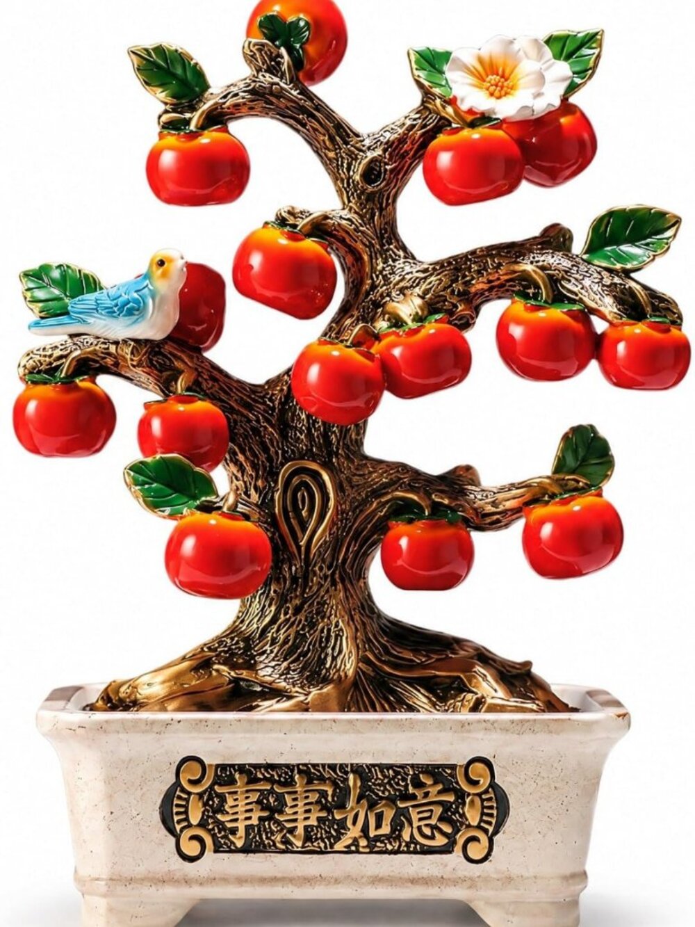 Artificial Bonsai Persimmon Tree Statue - Lucky Bird Wealth Decor for Home